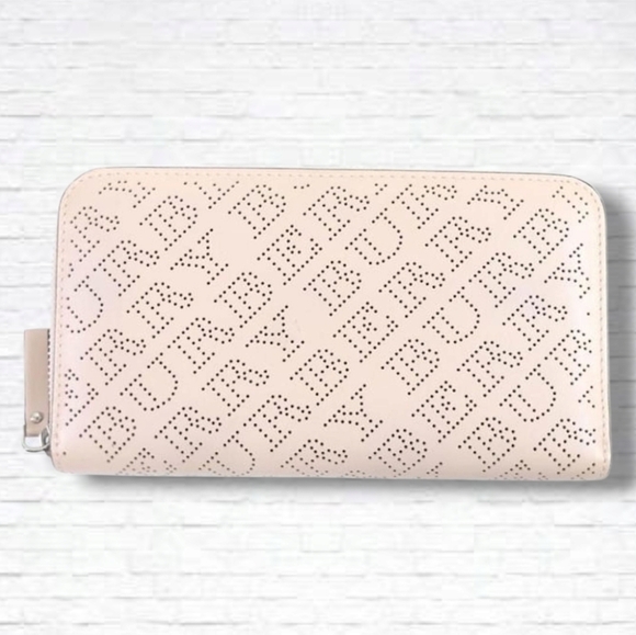 Burberry Calfskin Pale Fawn Pink Perforated Logo Zip Around Continental Wallet - Picture 1 of 16